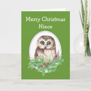 Cartes Pour Fêtes Annuelles Pin mignon de houx d'oiseau de hibou de nièce de