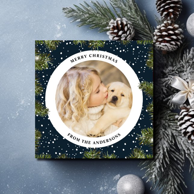 Cartes Pour Fêtes Annuelles Pin neigeux Feuillage bleu Noël Photo (Créateur téléchargé)