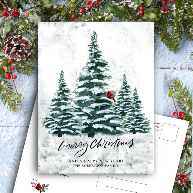 Cartes Pour Fêtes Annuelles Pin vert rustique Élégant Script MERRY NOËL (Créateur téléchargé)