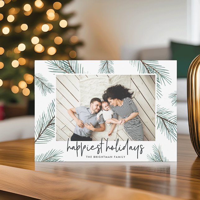 Cartes Pour Fêtes Annuelles Pine Boughs | Happy Holidays Photo (Créateur téléchargé)