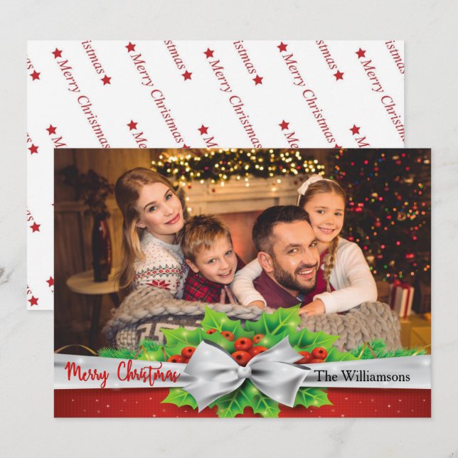 Cartes Pour Fêtes Annuelles Pine Bow avec Holly Photo Noël (Devant / Derrière)