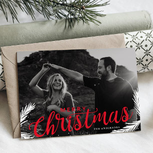 Cartes Pour Fêtes Annuelles Pine Branches Merry Christmas Red Script Overlay