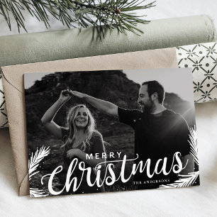 Cartes Pour Fêtes Annuelles Pine Branches Merry Christmas Script Overlay
