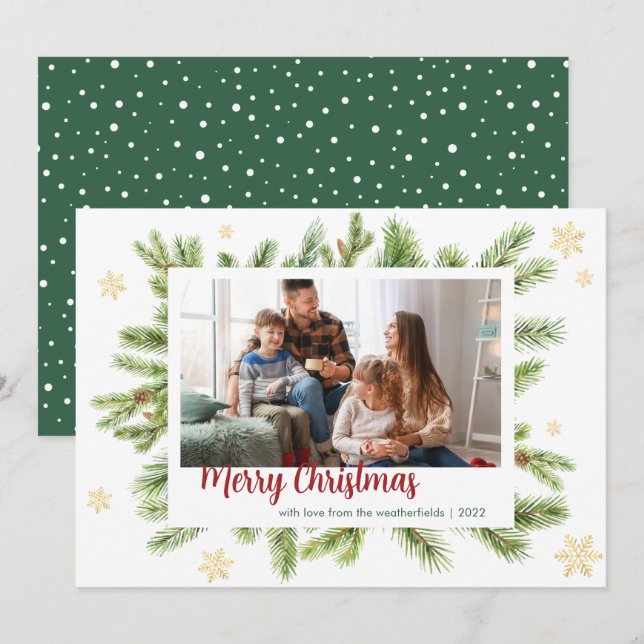 Cartes Pour Fêtes Annuelles Pine et famille Photo Noël Script botanique (Devant / Derrière)