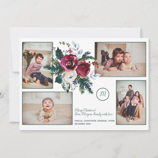 Cartes Pour Fêtes Annuelles Pine Green Noël Classy Monogramme Photo Collage (Devant)