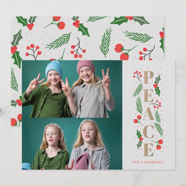 Cartes Pour Fêtes Annuelles Pine Holly Berries Gold Peace Multiples photos Vac (Devant / Derrière)