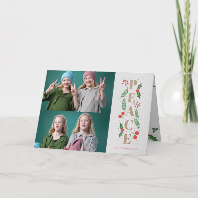 Cartes Pour Fêtes Annuelles Pine Holly Berry Gold Paix photo multiple (Devant)
