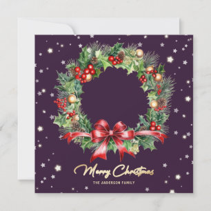 Cartes Pour Fêtes Annuelles Pine Holly Wreath Purple Photo Joyeux Noël
