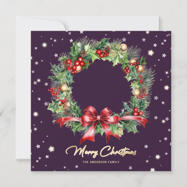 Cartes Pour Fêtes Annuelles Pine Holly Wreath Purple Photo Joyeux Noël (Devant)