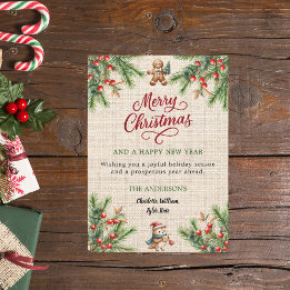 Cartes Pour Fêtes Annuelles Pine rouge baies beige burlap mignon hibou Noël