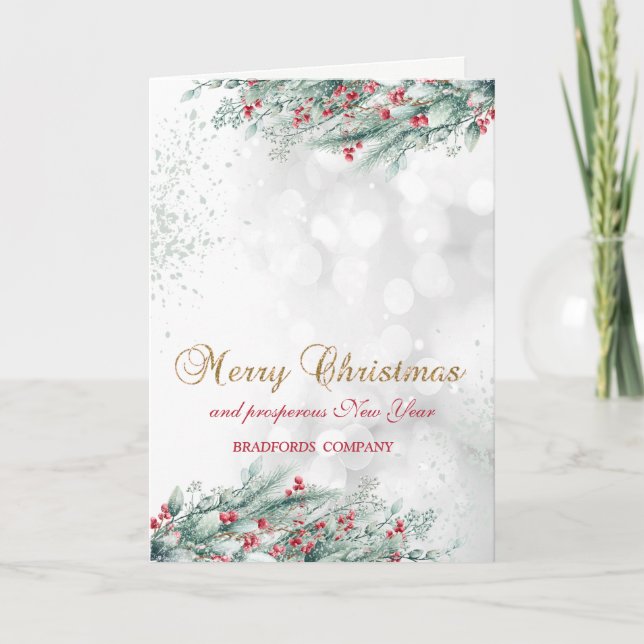 Cartes Pour Fêtes Annuelles Pine Tree Branches Berries Bokeh Company (Devant)