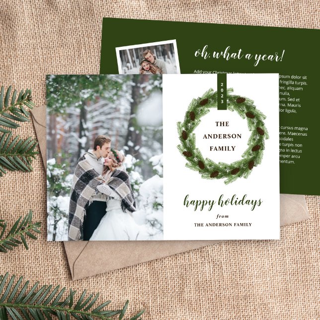 Cartes Pour Fêtes Annuelles Pine Wreath Happy Holidays Photo (Créateur téléchargé)