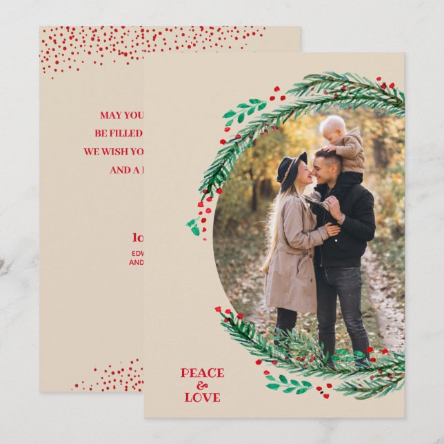 Cartes Pour Fêtes Annuelles Pine Wreath sur Crème Photo de Noël (Devant / Derrière)