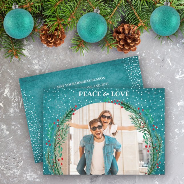 Cartes Pour Fêtes Annuelles Pine Wreath Turquoise Photo de Noël (Créateur téléchargé)