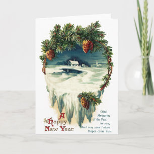 Cartes Pour Fêtes Annuelles Pinecones et Vignette d'hiver Nouvel An Vintage