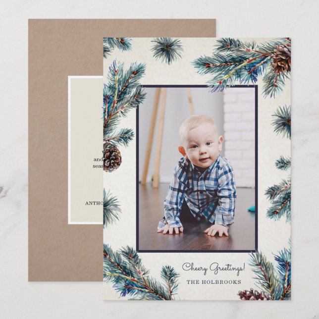 Cartes Pour Fêtes Annuelles Pinecones Rustiques à l'aquarelle de Conifer (Devant / Derrière)