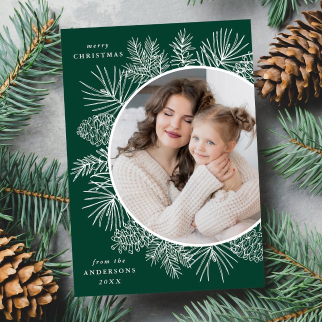 Cartes Pour Fêtes Annuelles Pinecones vert et blanc rustique (Créateur téléchargé)
