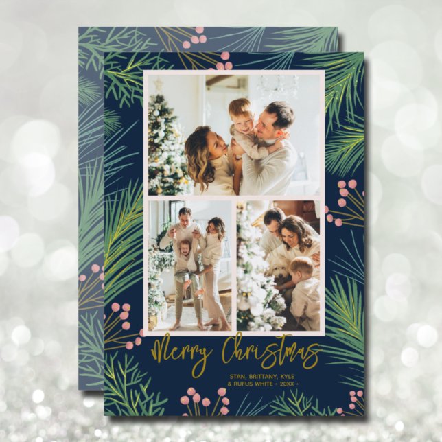 Cartes Pour Fêtes Annuelles Pines Berries Multi Photo Marine Bleu Noël (Créateur téléchargé)