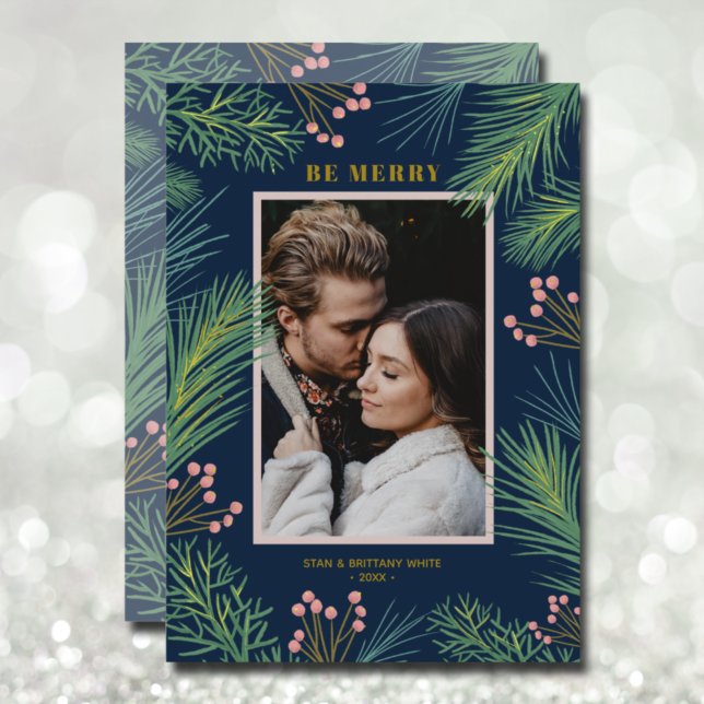 Cartes Pour Fêtes Annuelles Pines Berries Photo Marine Blue Noël (Créateur téléchargé)