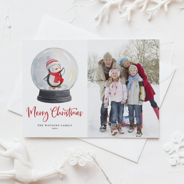 Cartes Pour Fêtes Annuelles Pingouin d'aquarelle Globe de neige Noël (Créateur téléchargé)