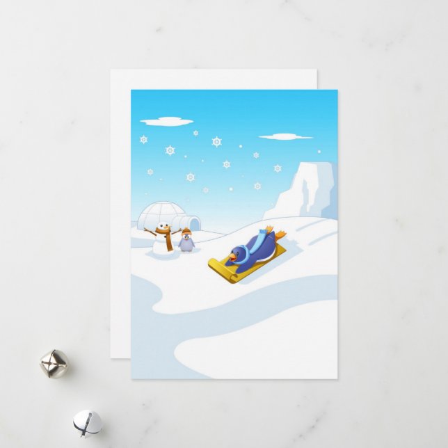 Cartes Pour Fêtes Annuelles Pingouin de dessin animé pour l'hiver (Devant/Arrière en situation)