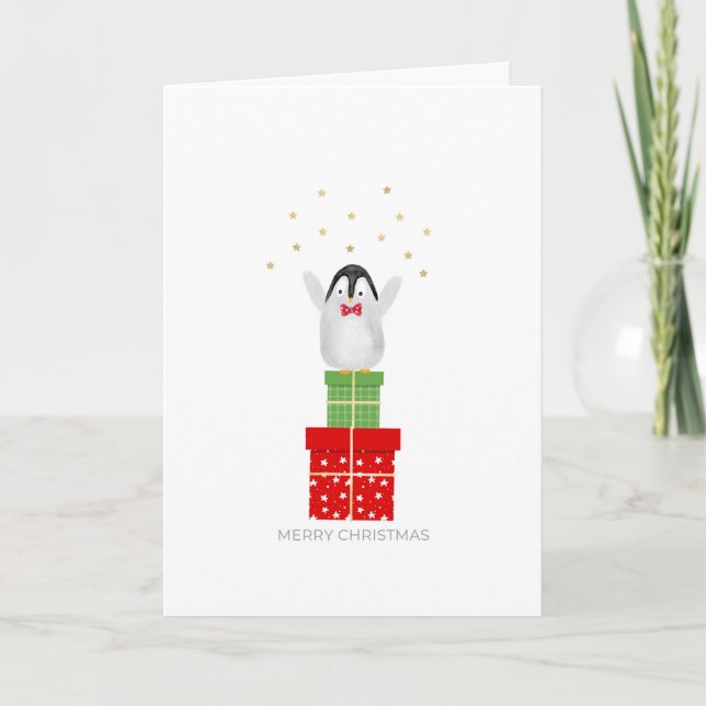 Cartes Pour Fêtes Annuelles Pingouin de Noël debout sur les présents (Devant)
