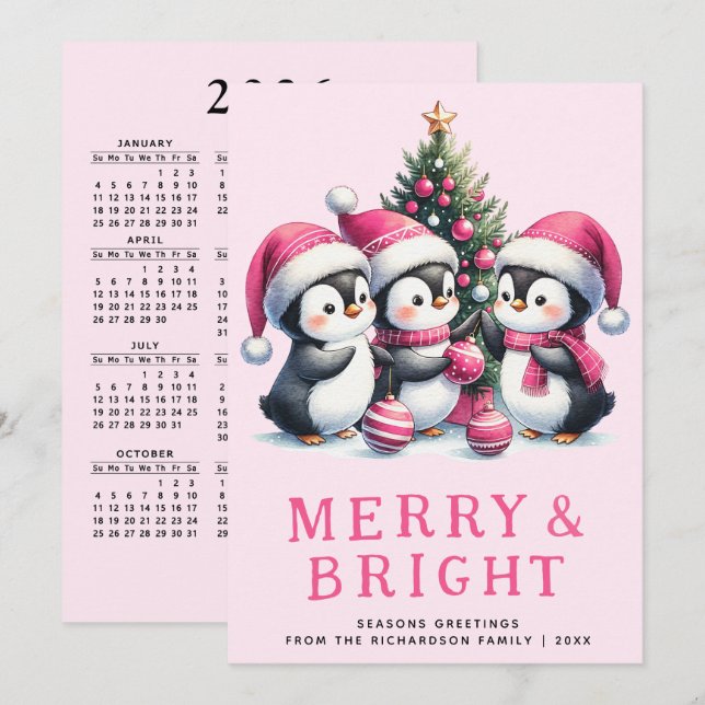 Cartes Pour Fêtes Annuelles Pingouin de Noël rose et joyeux (Devant / Derrière)