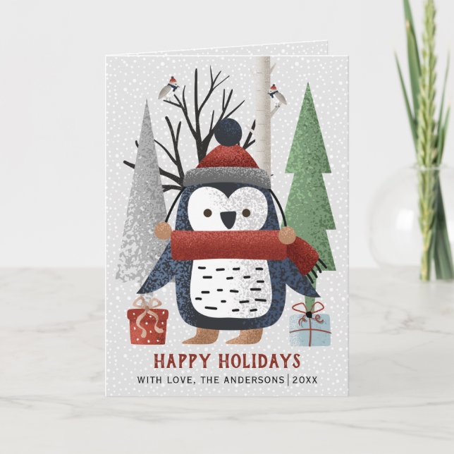 Cartes Pour Fêtes Annuelles Pingouin d'hiver et arbres photo de Noël pliée (Devant)