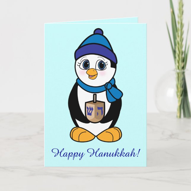 Cartes Pour Fêtes Annuelles Pingouin heureux et Dreidel de Hanoukka (Devant)