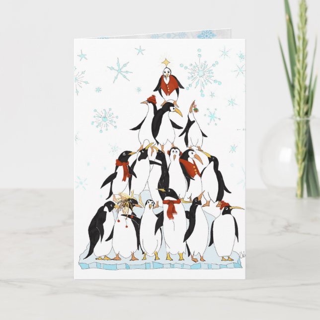Cartes Pour Fêtes Annuelles Pingouin Noël Arbre amusant Dessin de vacances (Devant)