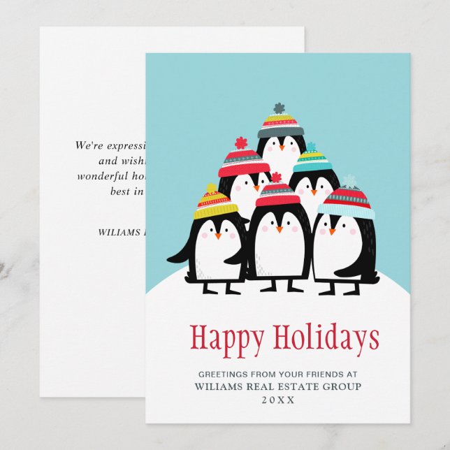 Cartes Pour Fêtes Annuelles Pingouins amusants Noël Accueil d'entreprise (Devant / Derrière)