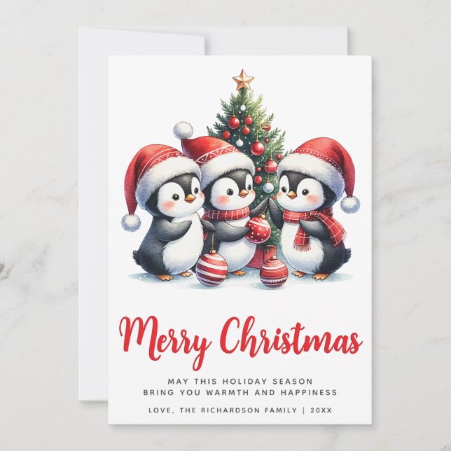 Cartes Pour Fêtes Annuelles Pingouins blancs et rouges mignons Joyeux Noël (Devant)