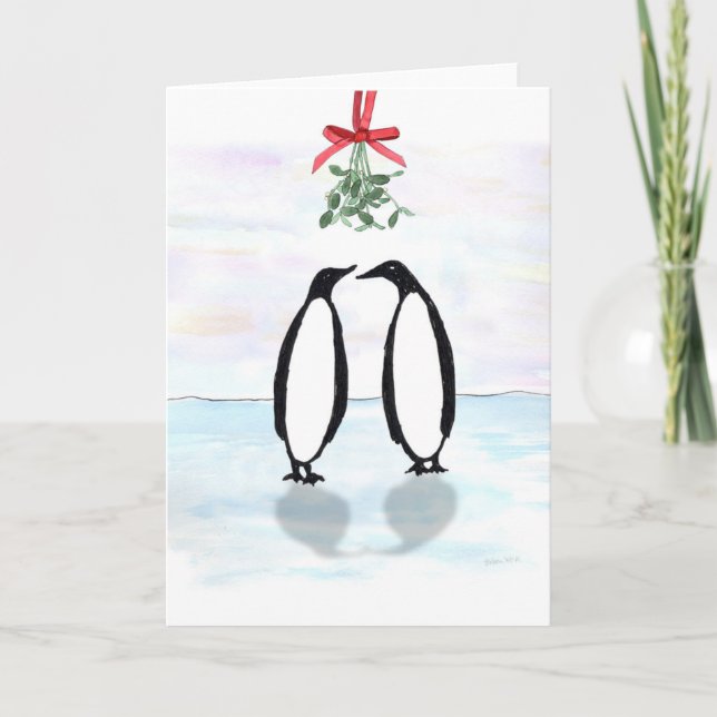 Cartes Pour Fêtes Annuelles Pingouins d'aquarelle avec le gui de vacances (Devant)