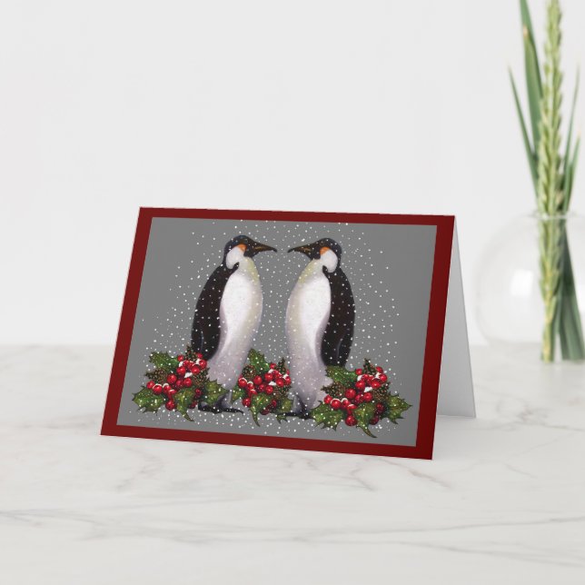 Cartes Pour Fêtes Annuelles Pingouins en neige : Couple Noël : Holly : Art (Devant)