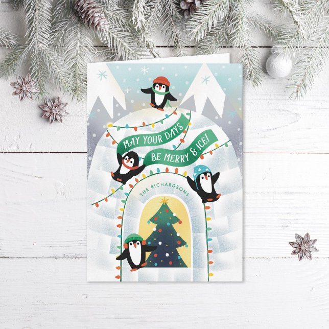 Cartes Pour Fêtes Annuelles Pingouins joueurs Igloo hiver (Créateur téléchargé)