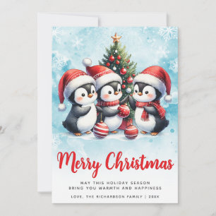 Cartes Pour Fêtes Annuelles Pingouins mignons bleus et rouges modernes Joyeux 