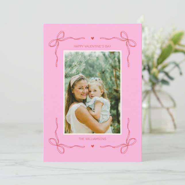 Cartes Pour Fêtes Annuelles Pink and Red Coquette Bow Valentine's Day Photo (Debout devant)