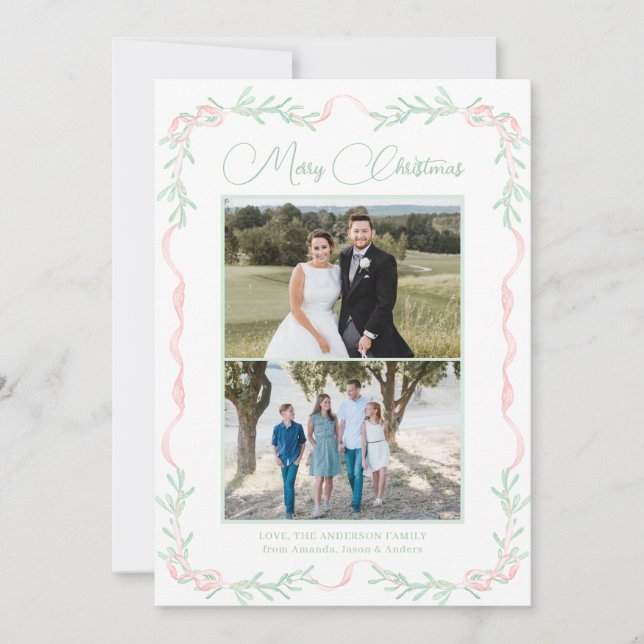 Cartes Pour Fêtes Annuelles Pink Bow Mistletoe Verdure Noël Deux photos (Devant)