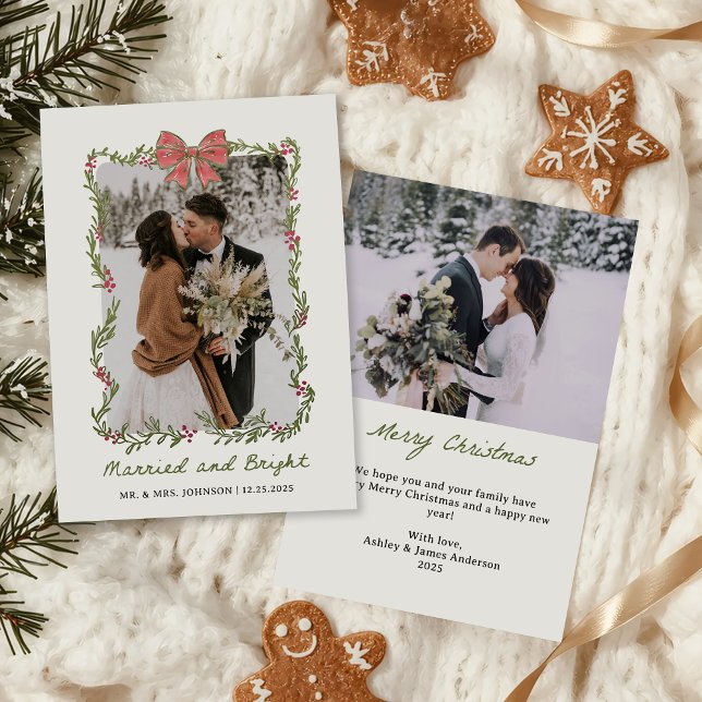 Cartes Pour Fêtes Annuelles Pink Bow Photo Married and Bright Holiday Card (Créateur téléchargé)