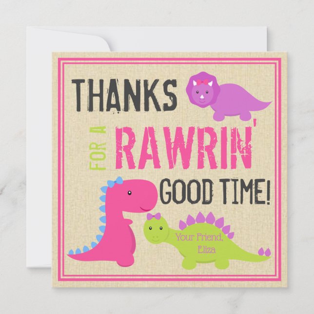 Cartes Pour Fêtes Annuelles Pink Dinosaur Merci Note Filles Dinosaur Invitatio (Devant)