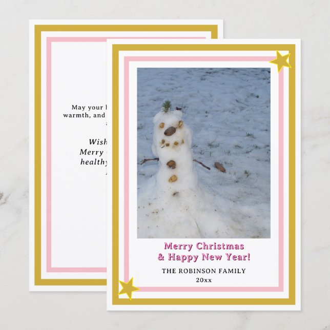 Cartes Pour Fêtes Annuelles Pink Gold Stars Little Snowman INSERT PHOTO (Devant / Derrière)