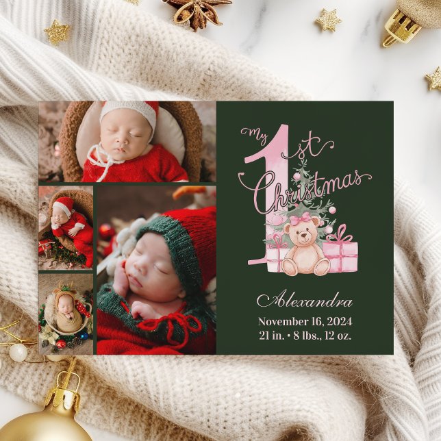 Cartes Pour Fêtes Annuelles Pink Green Baby First Christmas 4 Photo (Créateur téléchargé)