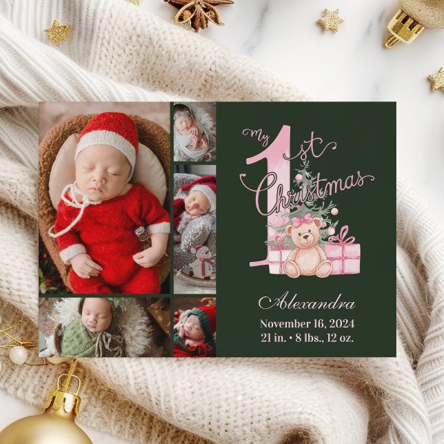 Cartes Pour Fêtes Annuelles Pink Green Baby First Christmas 5 Photo   (Créateur téléchargé)
