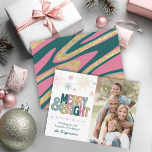 Cartes Pour Fêtes Annuelles Pink Green Gold Merry & Bright Retro Swirl Photo
