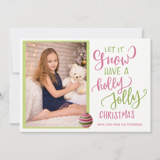 Cartes Pour Fêtes Annuelles Pink green laissez neiger script photo de Noël (Devant)