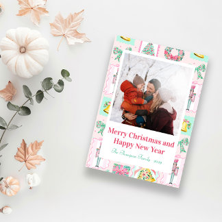 Cartes Pour Fêtes Annuelles Pink & Green Nutcracker Custom Christmas Photo 