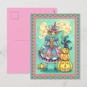 CARTES POUR FÊTES ANNUELLES PINK PARTY WITCH EST HALLOWEEN MAGIQUE, CHAT NOIR