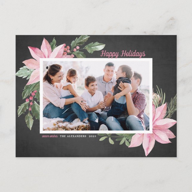 Cartes Pour Fêtes Annuelles Pink Poinsettias Chalkboard Joyeux vacances Photo (Devant)