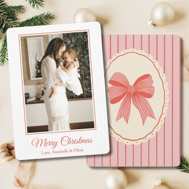 Cartes Pour Fêtes Annuelles Pink & Red Bow Preppy Coquette fille célibataire m (Pink and Red Bow Preppy Single Mom Christmas Card
)