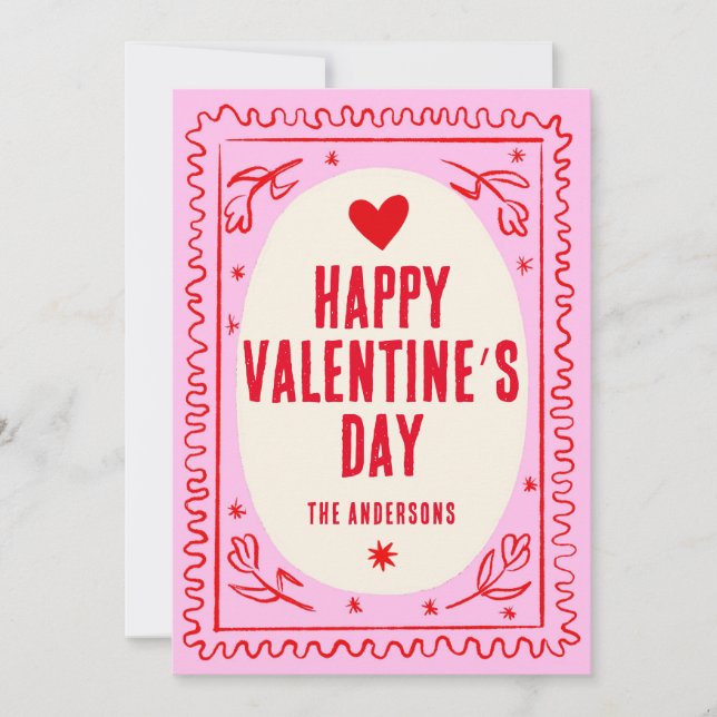 Cartes Pour Fêtes Annuelles Pink Red Hand Print Retro Bonne Saint Valentin (Devant)